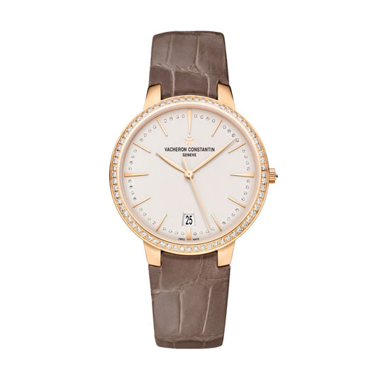 Vacheron Constantin Patrimony self-winding 36.5 mm Silver Dial with Diamonds 18K Pink Gold   Leather Strap 85515/000R-9840