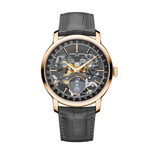 Vacheron Constantin Traditionnelle complete calendar openface 41 mm Black Dial 18K Pink Gold   Leather Strap 4020T/000R-B654