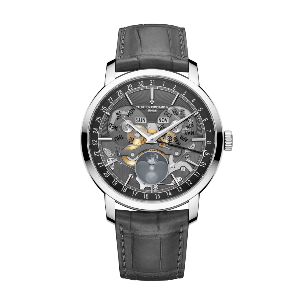 Vacheron Constantin Traditionnelle complete calendar openface 41 mm Black Dial White Gold   Leather Strap 4020T/000G-B655