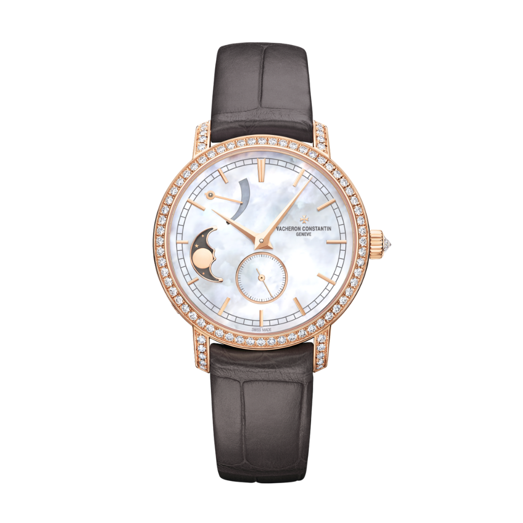 Vacheron Constantin Traditionnelle moon phase 36 mm White Mother-Of-Pearl Dial with Diamonds 18K Pink Gold   Leather Strap 83570/000R-9915