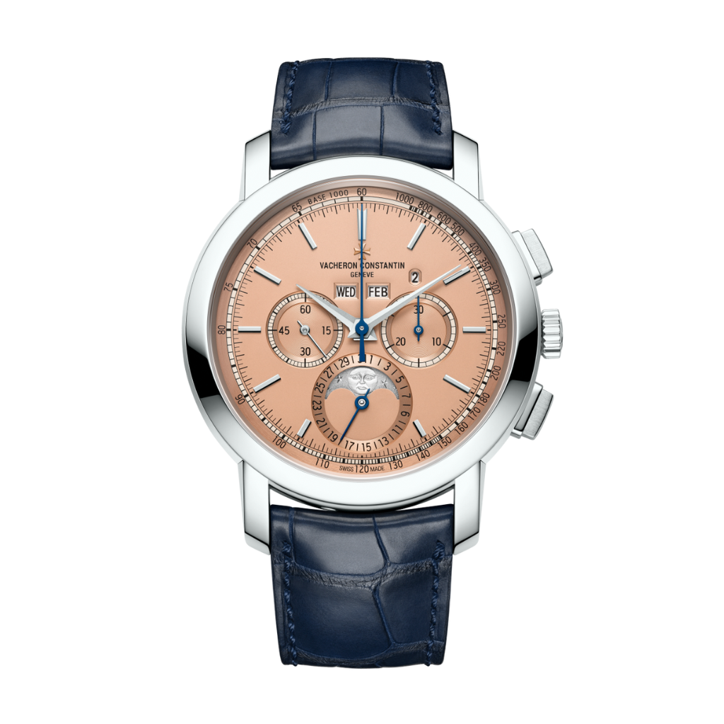 Vacheron Constantin Traditionnelle perpetual calendar chronograph 43 mm Salmon-Coloured Dial Platinum   Leather Strap 5000T/000P-B975