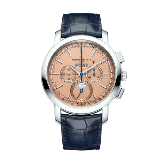 Vacheron Constantin Traditionnelle perpetual calendar chronograph 43 mm Salmon-Coloured Dial Platinum   Leather Strap 5000T/000P-B975