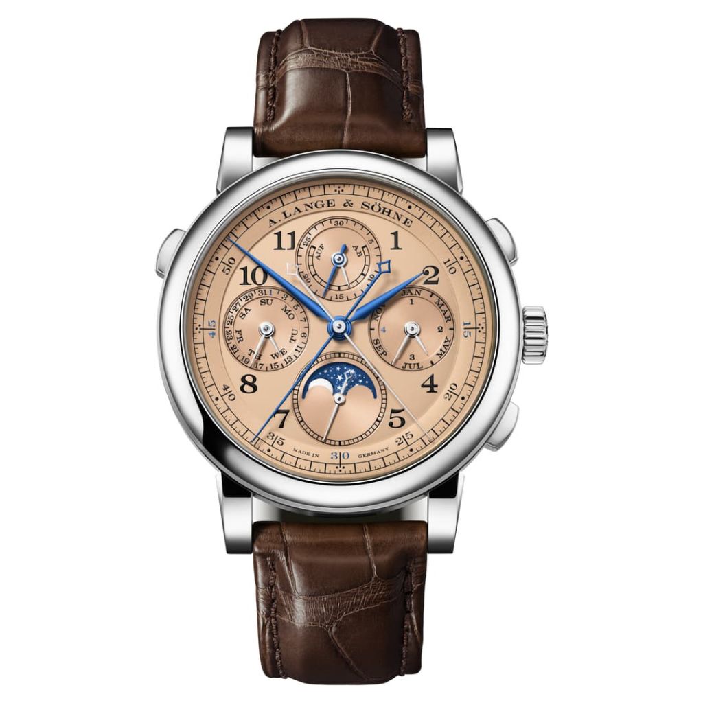 A. Lange & Sohne 1815 Rattrapante Perpetual Calendar 41.9 mm Pink Dial 18k White Gold   Leather Strap 421.056FE / LSLS4213AA