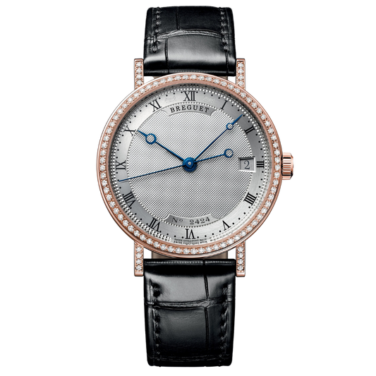 Breguet Classique 9068 33.5 mm Silver Dial with Diamonds 18k Rose Gold Leather Strap 9068BR/12/976 DD00