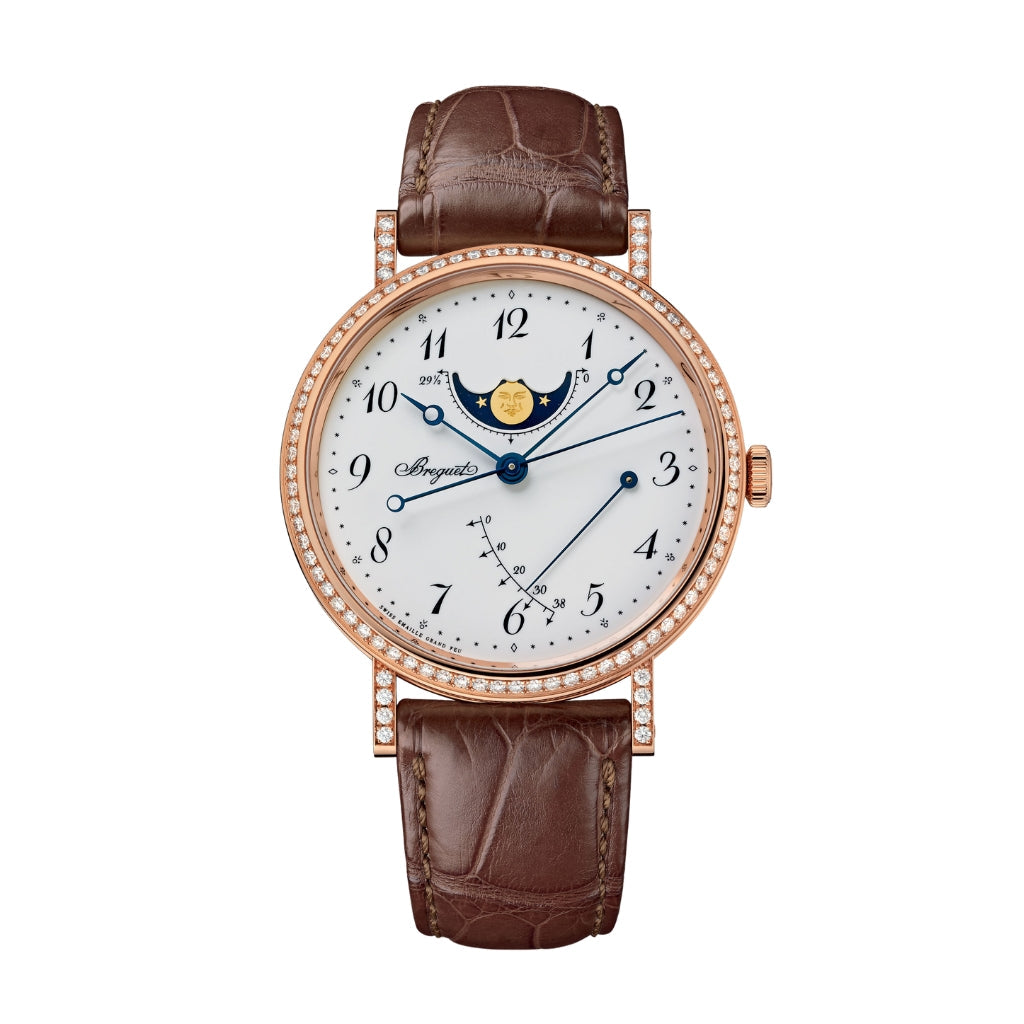 Breguet Classique Phase de Lune 7788 39 mm White Dial with Diamonds 18k Rose Gold Leather Strap 7788BR/29/9V6 DD00