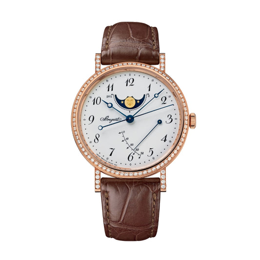 Breguet Classique Phase de Lune 7788 39 mm White Dial with Diamonds 18k Rose Gold Leather Strap 7788BR/29/9V6 DD00