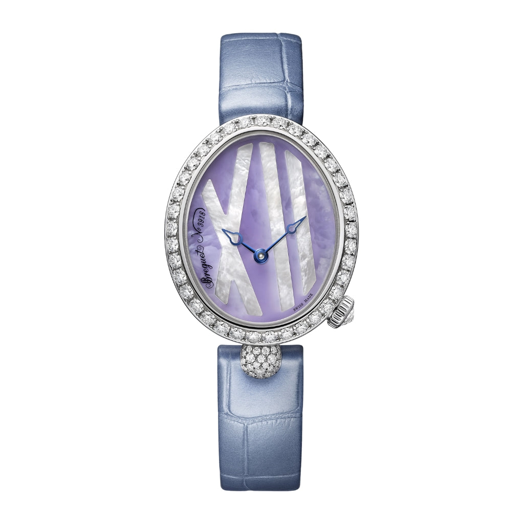 Breguet Reine 32.7 x 27.3mm Lavender-Coloured Mother-Of-Pearl Dial with Diamonds White Gold Blue Leather Strap 9818BB/5V/922/DD0D