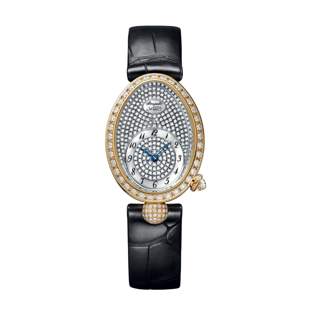 Breguet Reine 33 x 24.95 mm Diamond Paved Dial 18k Yellow Gold Black Leather Strap 8928BA/8D/944/DD0D3L
