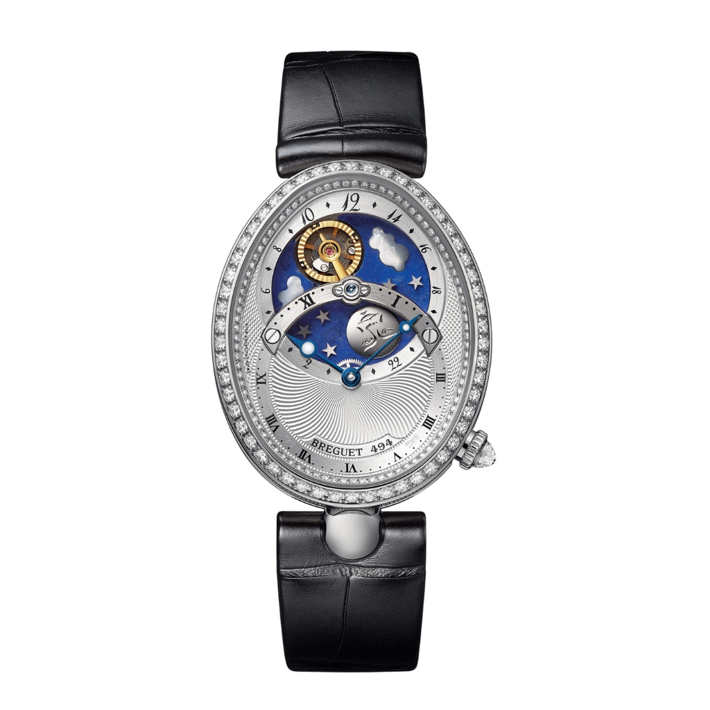 Breguet Reine 40.05 x 32 mm Silvered Gold Dial with Diamonds White Gold Black Leather Strap 8998BB/11/974/D00D