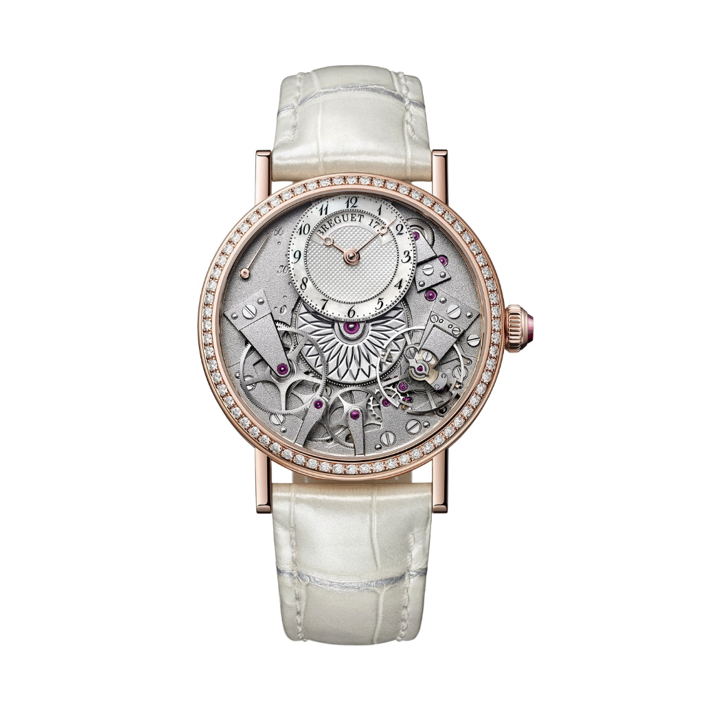 Breguet Tradition 37 mm White Mother-Of-Pearl Dial 18k Rose Gold White Leather Strap 7038BR/18/9V6/D00D