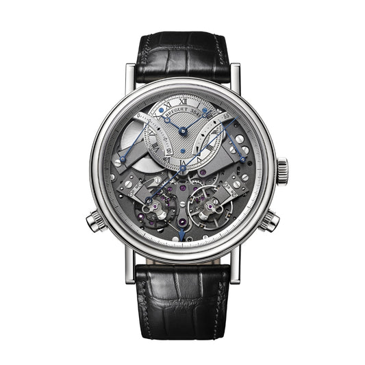 Breguet Tradition 44 mm Silver Dial White Gold Black Leather Strap 7077BB/G1/9XV