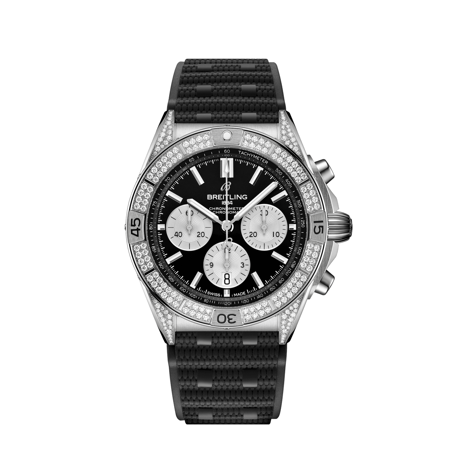 Breitling Chronomat B01 42 mm Black Dial with Diamonds Stainless Steel (Gem-Set) Black Rubber Strap AB0134721B1S2