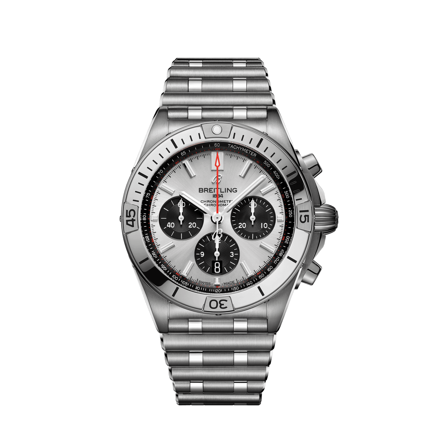 Breitling Chronomat B01 42 mm Silver and Black Dial Stainless Steel Bracelet AB0134101G1A1