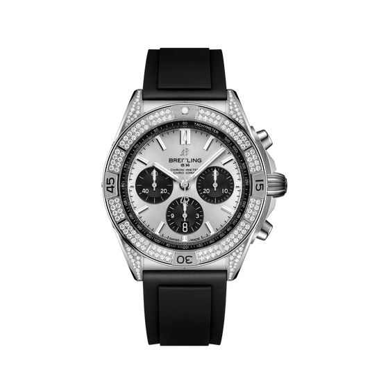 Breitling Chronomat B01 42 mm Silver and Black Dial Stainless Steel (Gem-Set) Black Rubber Strap AB0134721G1S1