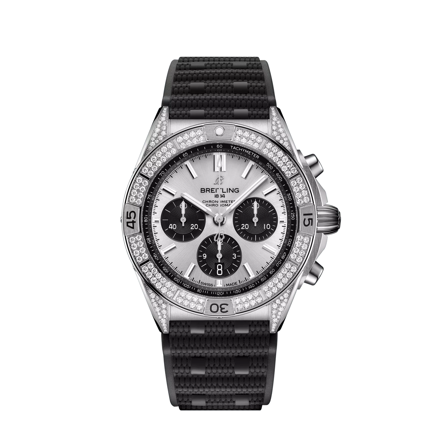Breitling Chronomat B01 42 mm Silver and Black Dial Stainless Steel (Gem-Set) Black Rubber Strap AB0134721G1S2