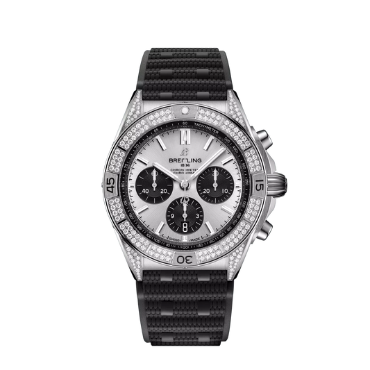 Breitling Chronomat B01 42 mm Silver and Black Dial Stainless Steel (Gem-Set) Black Rubber Strap AB0134721G1S2