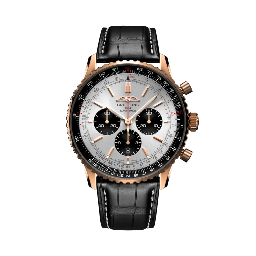 Breitling Navitimer B01 Chronograph 46 mm Black And White Dial 18K Red Gold Leather Strap RB0137241G1P1