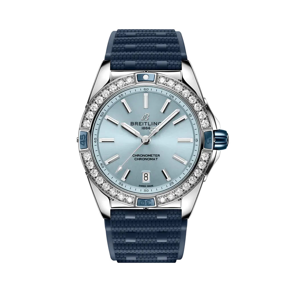 Breitling Super Chronomat Automatic 38 mm Ice-Blue Dial Stainless Steel Blue Rubber Strap A17356531C1S1