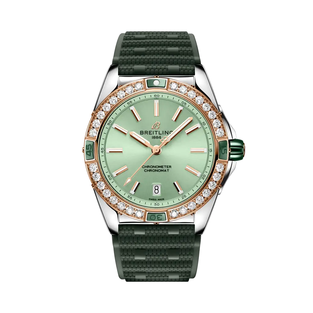 Breitling Super Chronomat Automatic 38 mm Light Green Dial Stainless Steel & 18K Red Gold Green Rubber Strap U17356531L1S1
