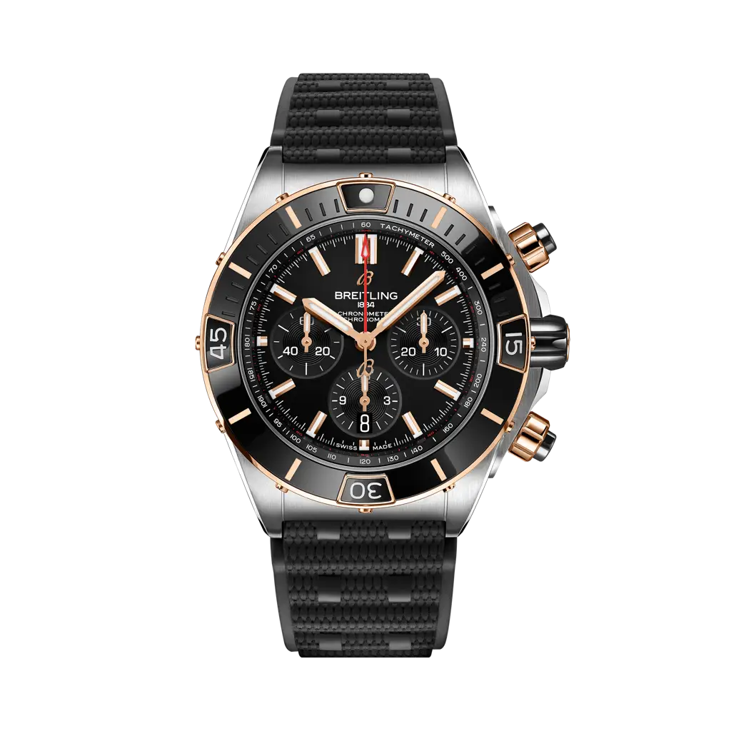 Breitling Super Chronomat B01 44 mm Black Dial Stainless Steel & 18K Red Gold Black Rubber Strap UB0136251B1S1