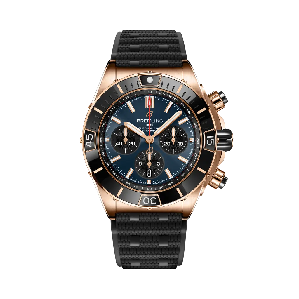 Breitling Super Chronomat B01 44 mm Blue and Black Dial 18K Red Gold Black Rubber Strap RB01362A1C1S1