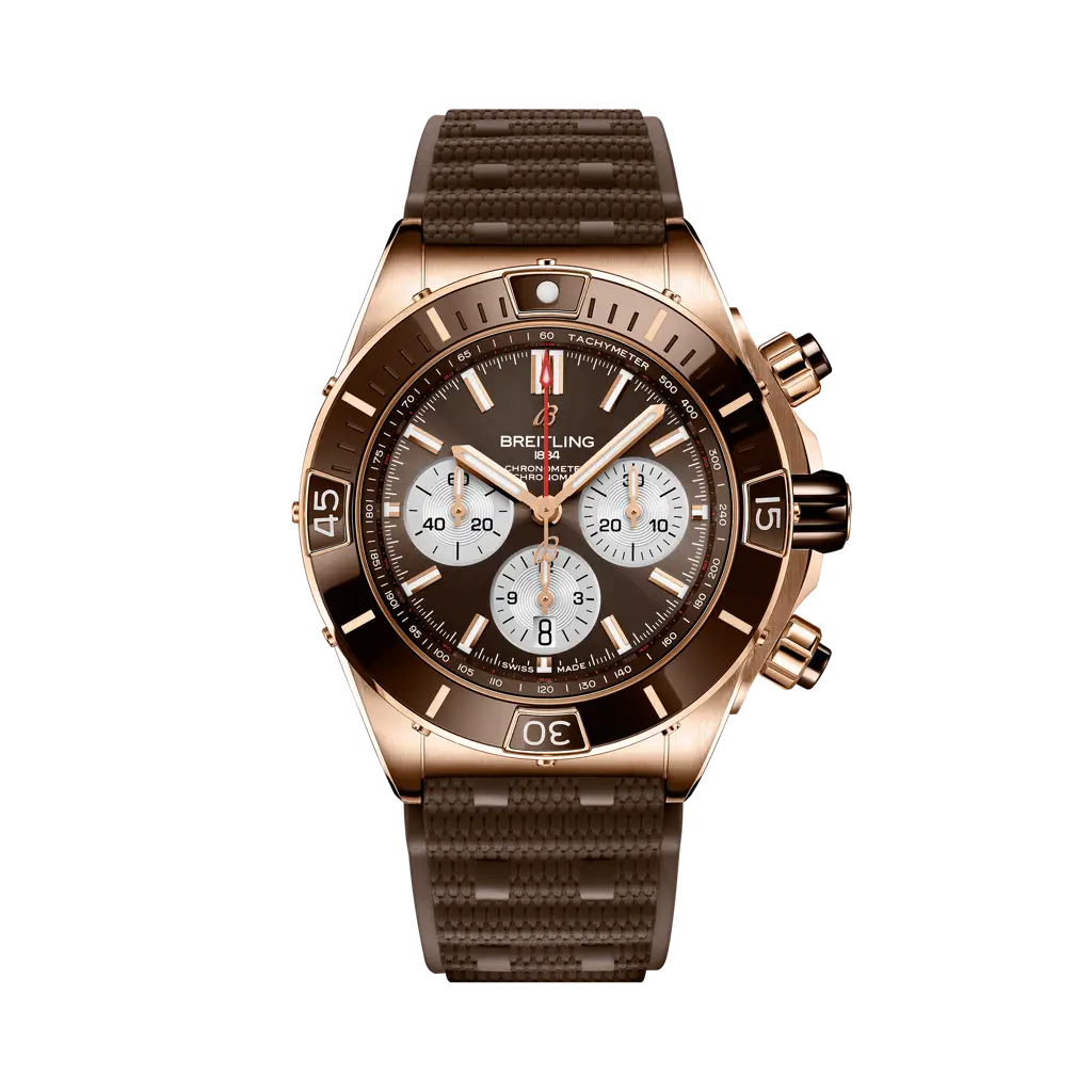 Breitling Super Chronomat B01 44 mm Brown Dial 18K Red Gold Brown Rubber Strap RB0136E31Q1S1
