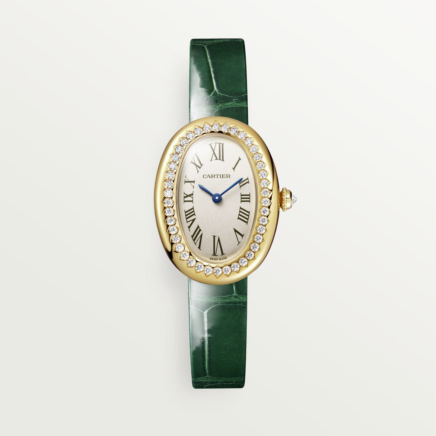 Cartier Baignoire Small 18k Yellow Gold Silver Dial Varnished Green Skin Strap WJBA0038