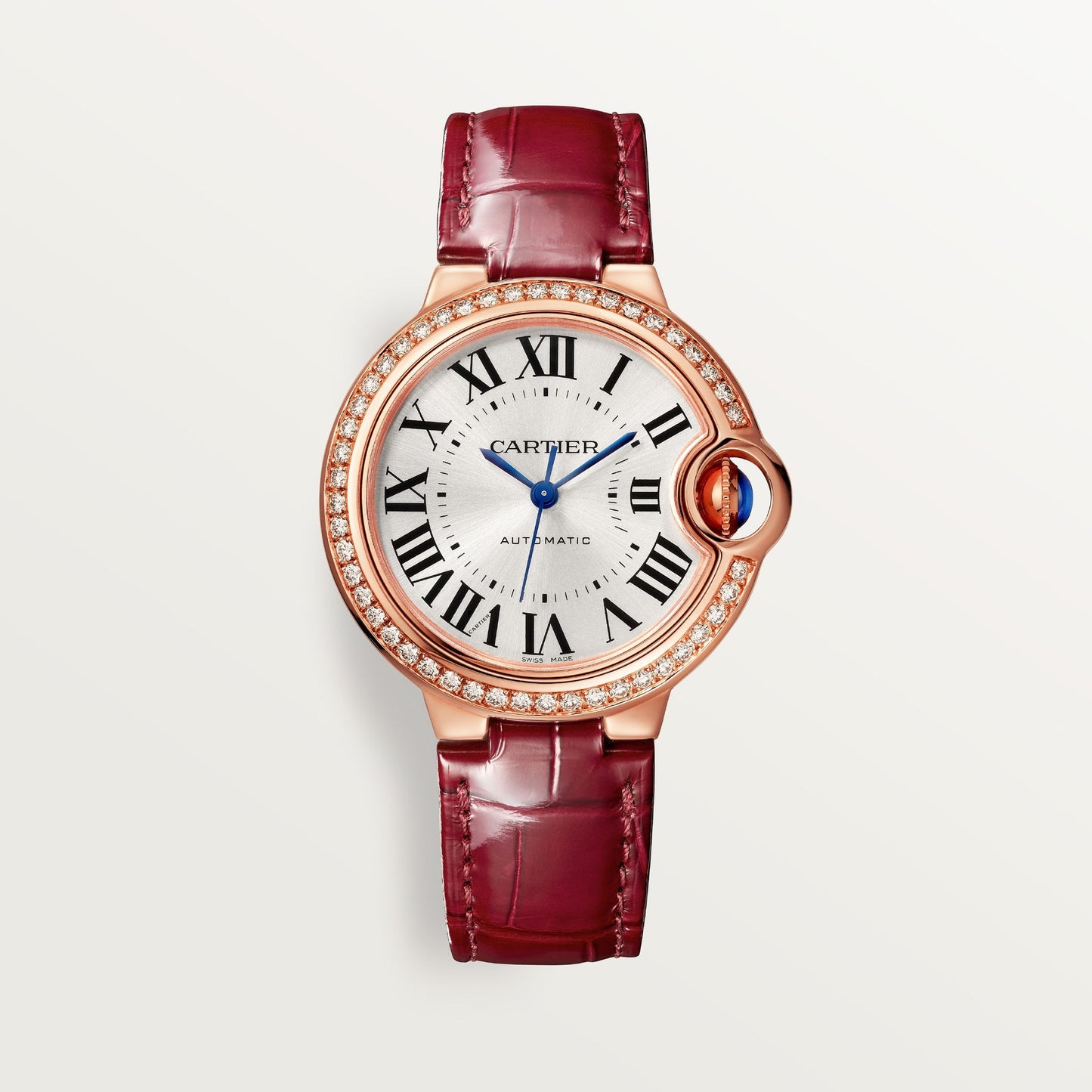 Cartier Ballon Bleu 33 mm 18k Rose Gold Silver Sunray Dial Steel Burgundy  Leather Strap WJBB0033
