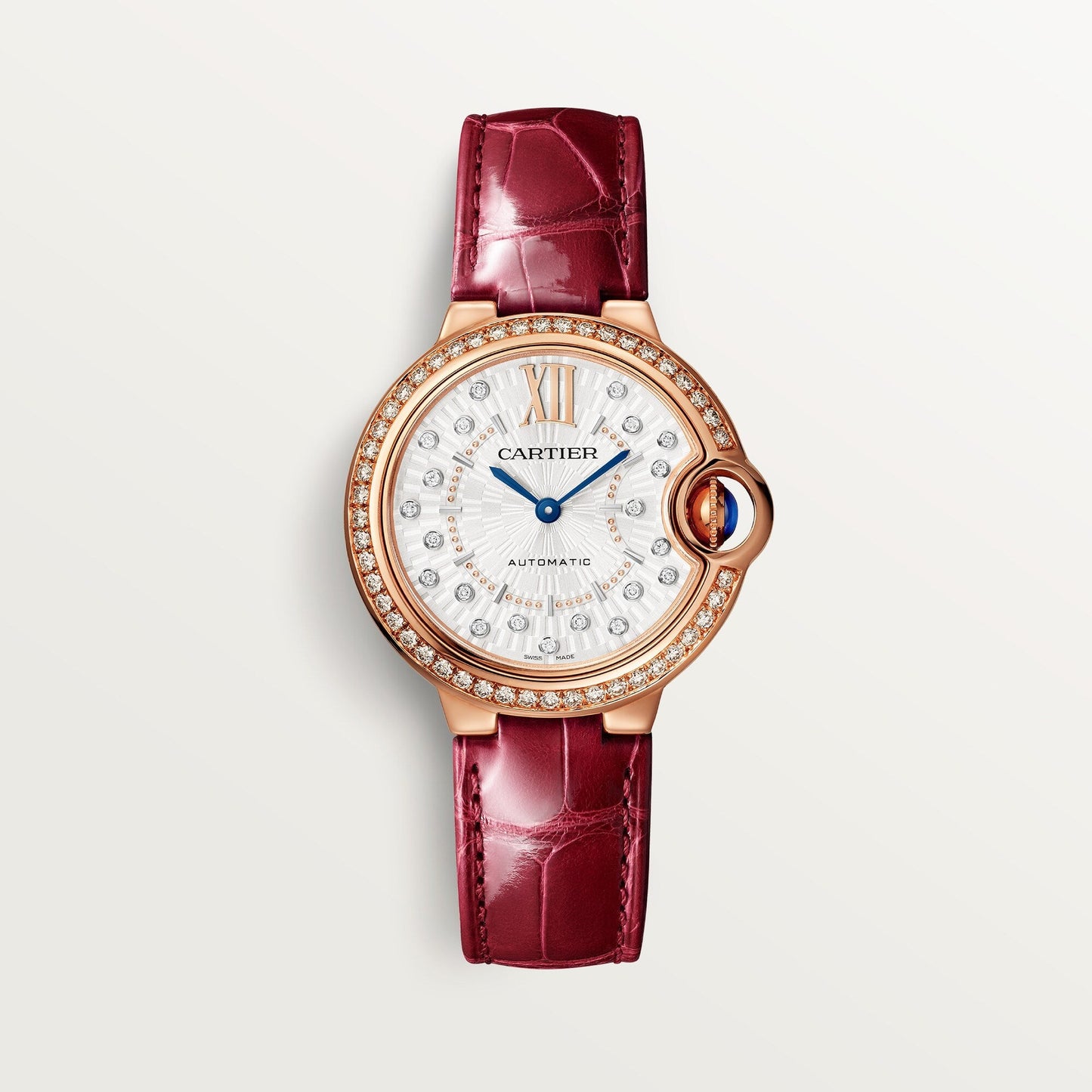 Cartier Ballon Bleu 33 mm Rose Gold Silver Sunray Dial Burgundy Leather Strap WJBB0080
