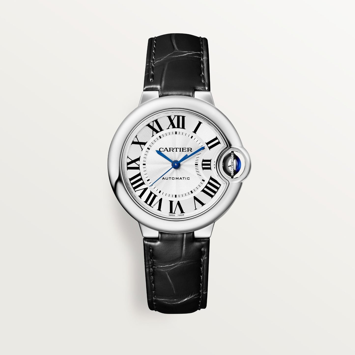 Cartier Ballon Bleu 33 mm Steel Silver Dial Black Leather Strap WSBB0030