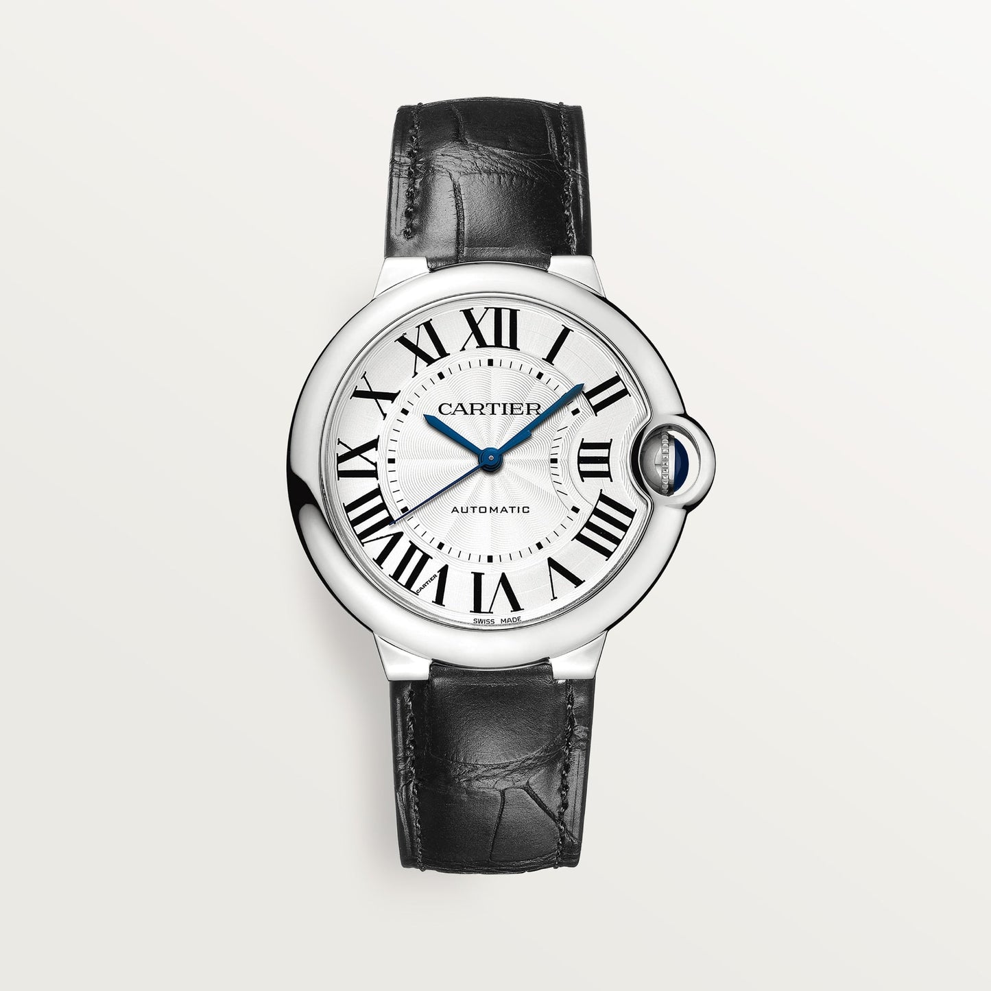 Cartier Ballon Bleu 36 mm Steel Silver Dial Black Leather Strap WSBB0028