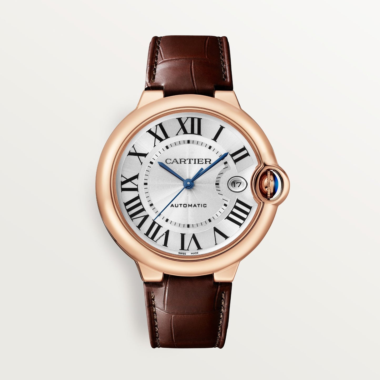 Cartier Ballon Bleu 40 mm 18k Rose Gold Silver Dial Brown  Leather Strap WGBB0035