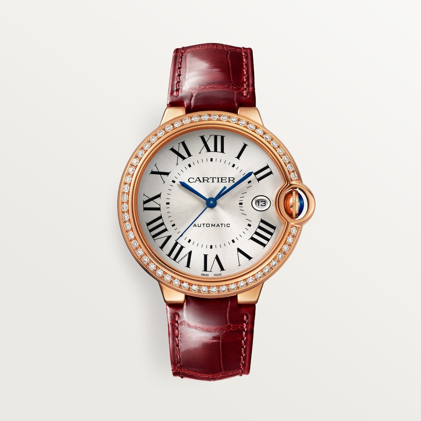 Cartier Ballon Bleu 40 mm 18k Rose Gold Silver Dial Burgundy Strap WJBB0056