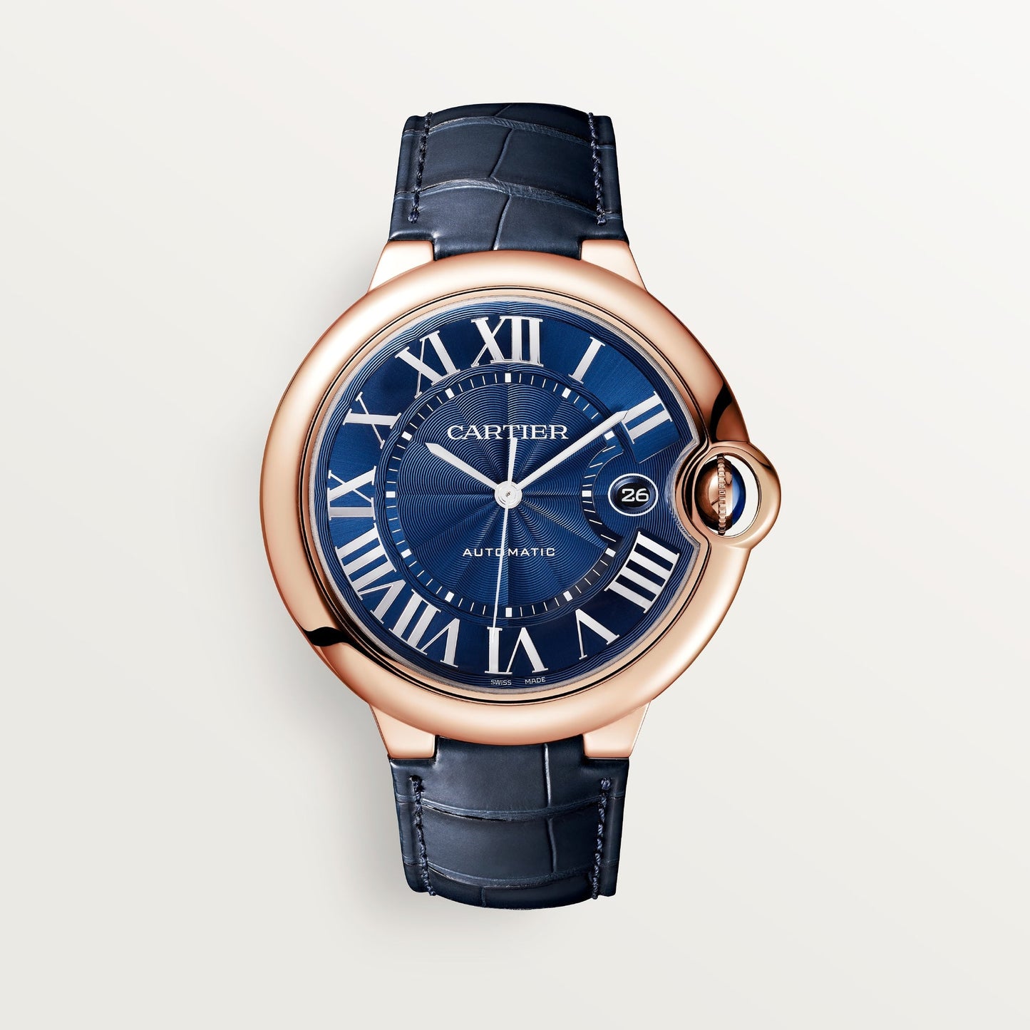 Cartier Ballon Bleu 42 mm 18k Rose Gold Blue Dial Navy Blue Leather Strap WGBB0036