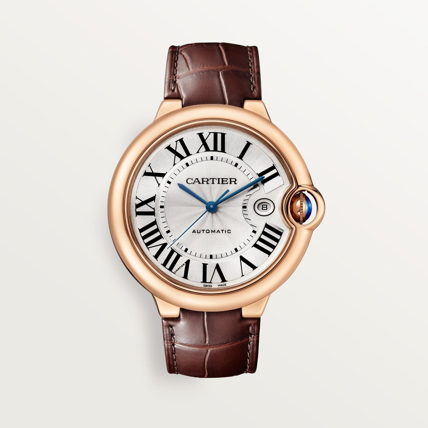 Cartier Ballon Bleu 42 mm Rose Gold Silver Dial Brown  Leather Strap WGBB0030