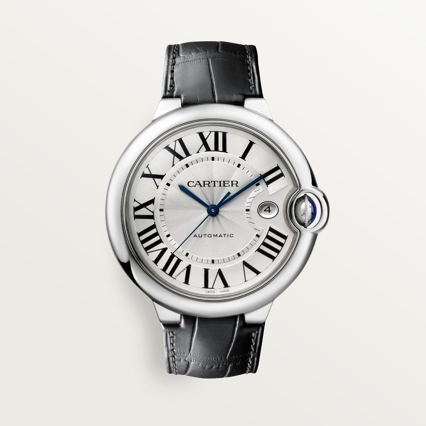 Cartier Ballon Bleu 42 mm Steel Silver Dial Black Leather Strap WSBB0026