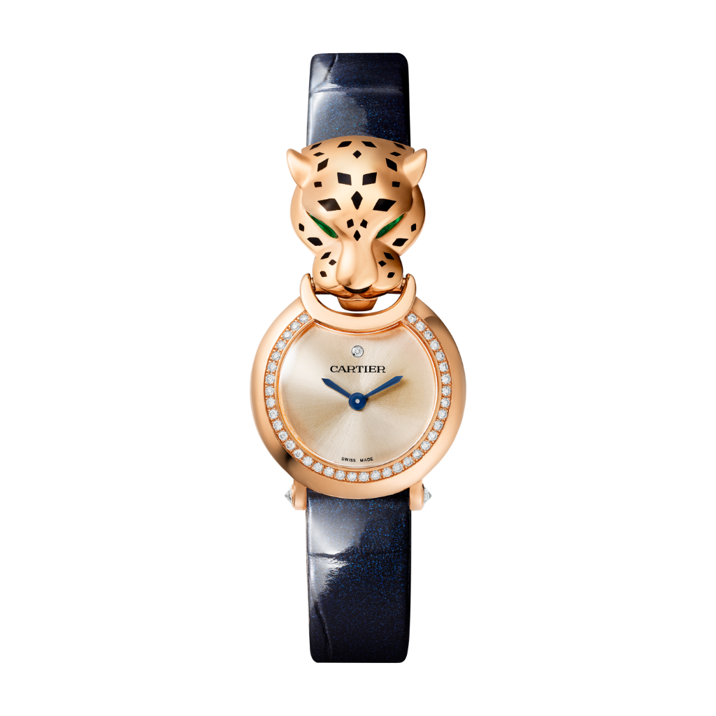 Cartier Panthère 23.6 mm 18k Rose Gold Golden Dial Blue Leather Strap HPI01609