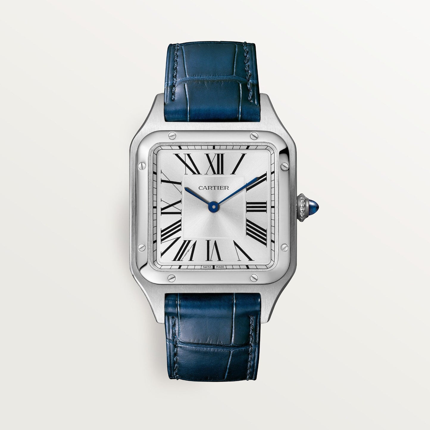 Cartier Santos Large 43.5 mm x 31.4 mm Silver Dial Steel Navy Blue Leather WSSA0022