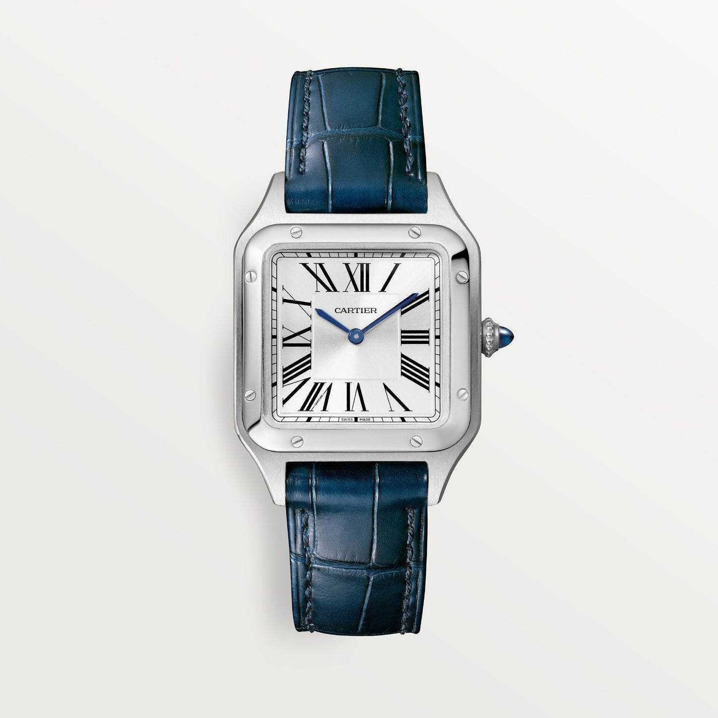 Cartier Santos Small Steel Silver Dial Navy Blue Leather WSSA0023
