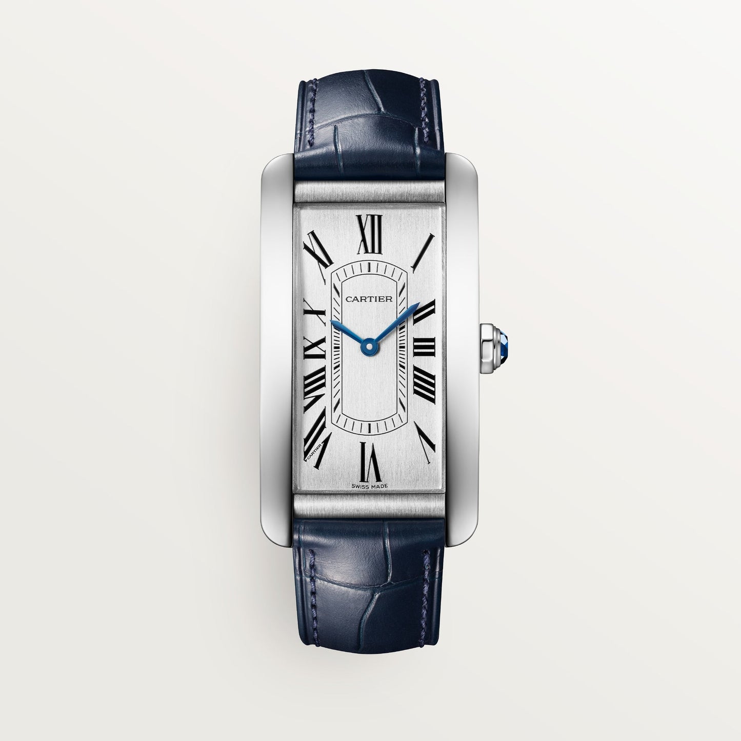 Cartier Tank Américaine Large Steel Silver Dial Navy Blue Skin Strap WSTA0083