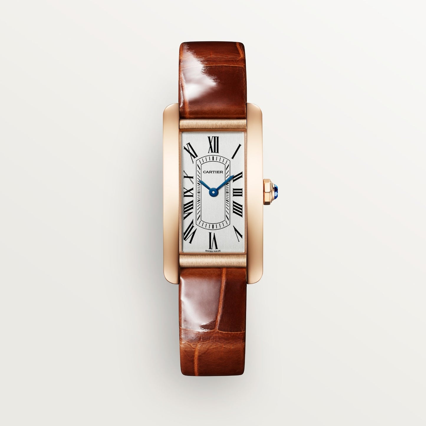 Cartier Tank Américaine  Small 18k Rose Gold Silver Dial Dark Brown Shiny  Skin Strap WGTA0133