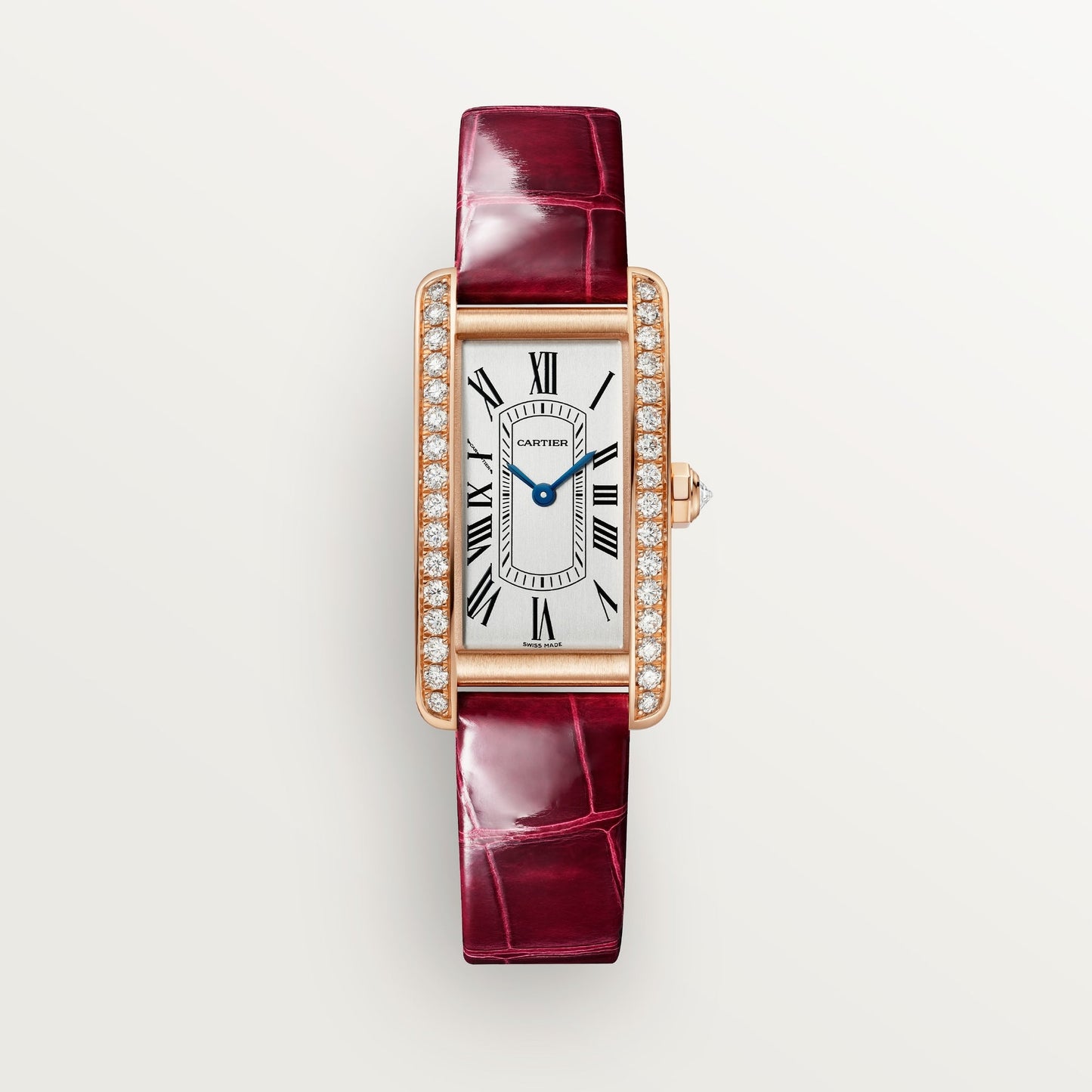 Cartier Tank Américaine Small 18k Rose Gold Silver Dial Shiny Red  Skin Strap WJTA0042
