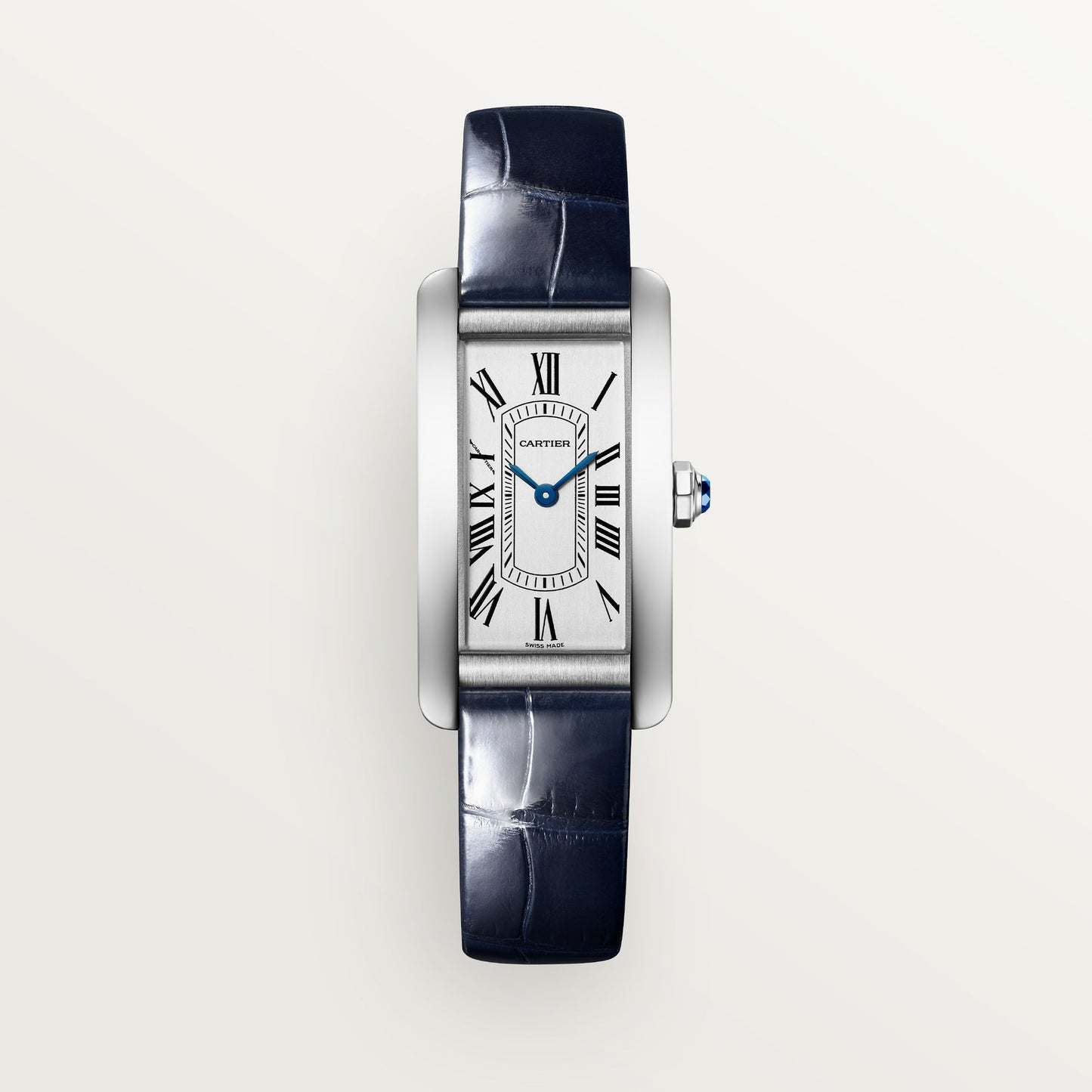 Cartier Tank Américaine Small Steel Silver Dial Shiny Blue Skin Strap WSTA0082