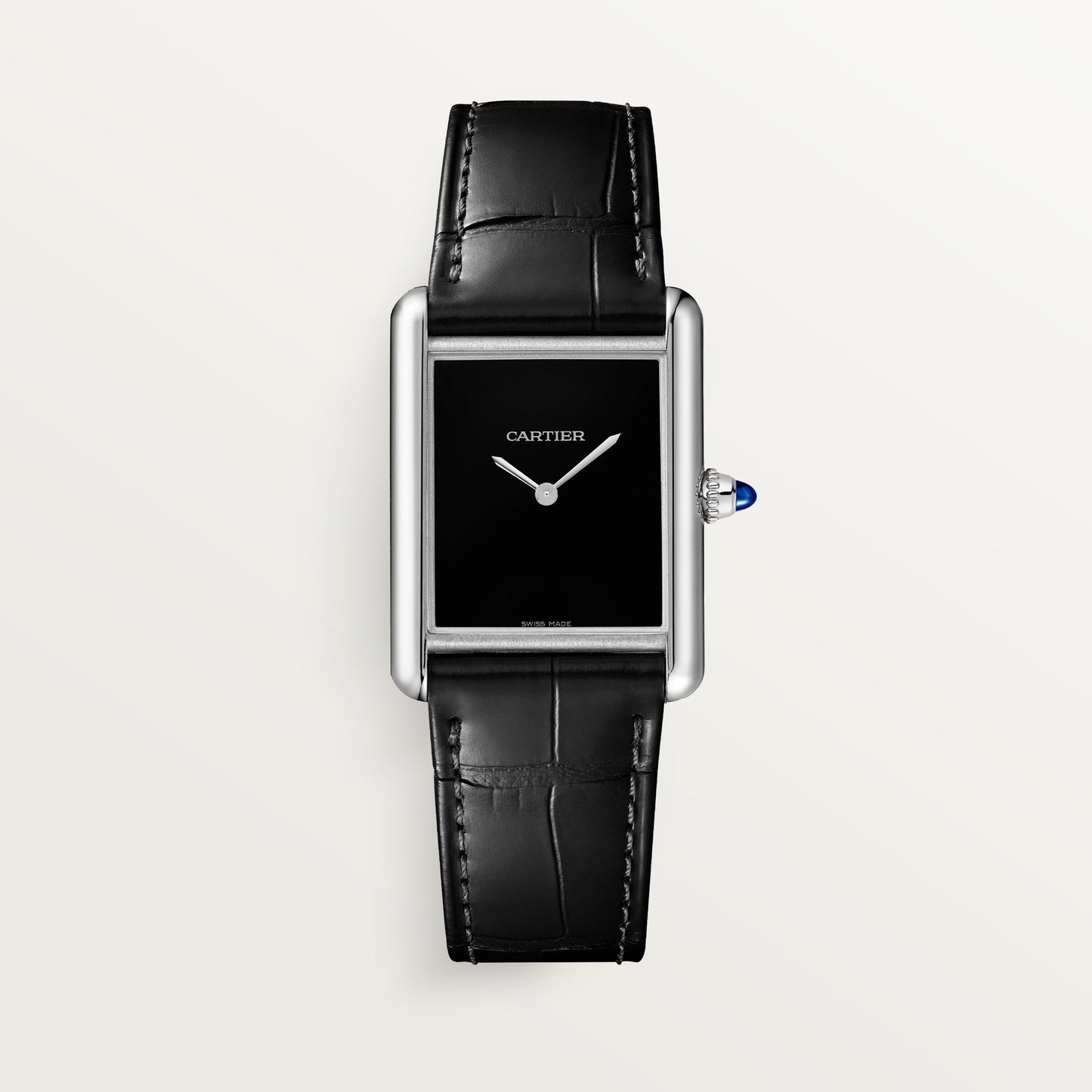 Cartier Tank Must Large Steel Black Lacquered Dial Leather Strap WSTA0072