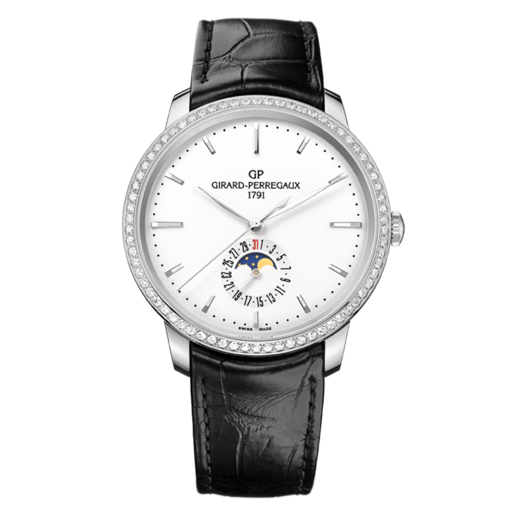 Girard-Perregaux 1966 Date and Moon Phases 40 mm Silver Dial with Diamonds Stainless Steel   Leather Strap 49545D11A131-BB60