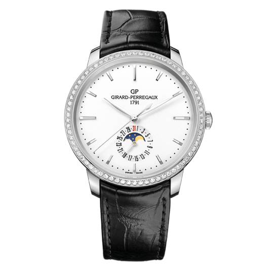 Girard-Perregaux 1966 Date and Moon Phases 40 mm Silver Dial with Diamonds Stainless Steel   Leather Strap 49545D11A131-BB60