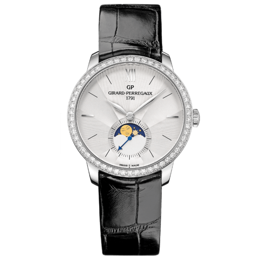 Girard-Perregaux 1966 Moon Phases 36 mm Silver Dial with Diamonds Stainless Steel   Leather Strap 49524D11A171-CK6A