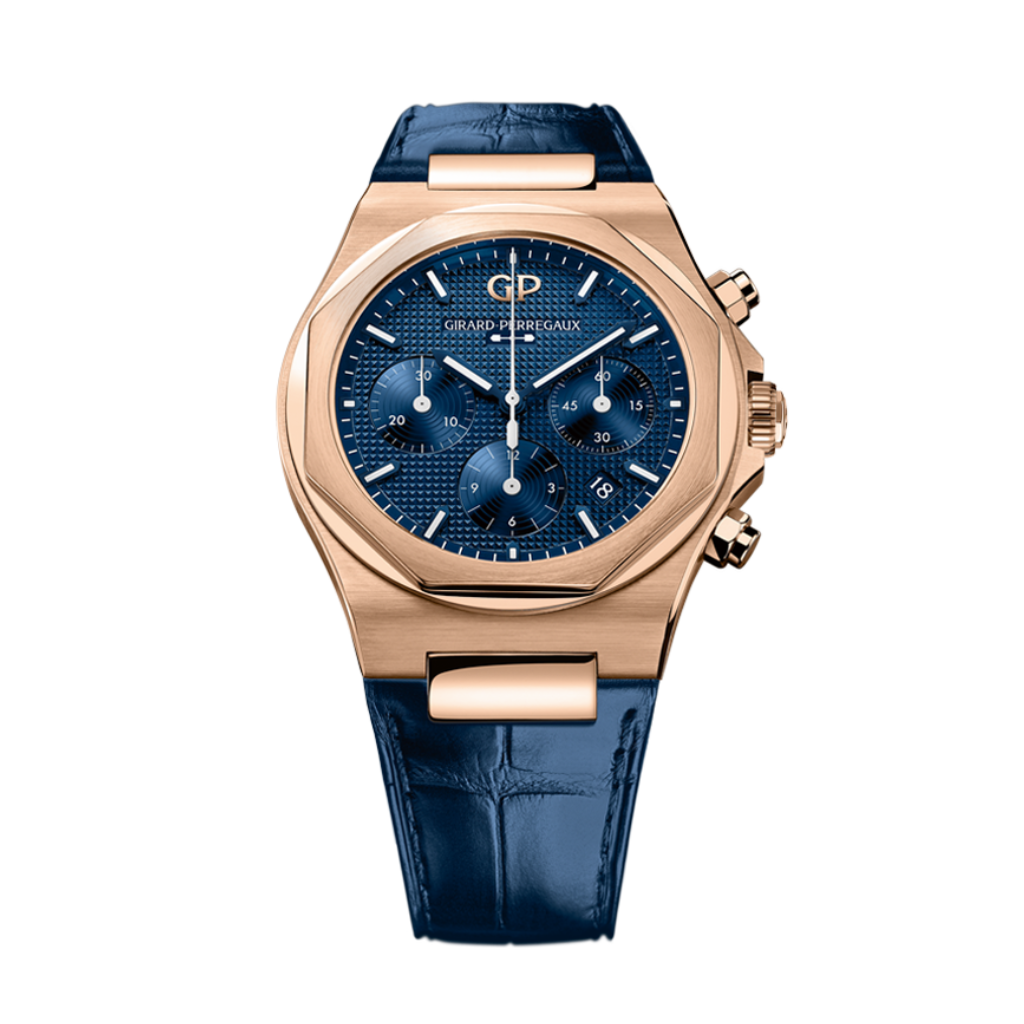 Girard-Perregaux Laureato Chronograph 42 mm Blue Dial 18K Pink Gold   Leather Strap 81020-52-432-BB4A