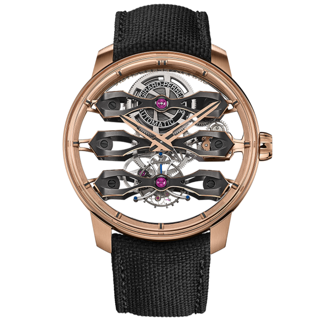 Girard-Perregaux Tourbillon with Three Flying Bridges 44 mm Transparent Dial 18K Pink Gold Fabric Strap 99296-52-3434-5CC