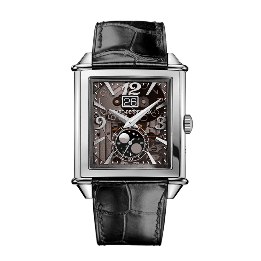 Girard-Perregaux Vintage 1945 XXL Large Date and Moon Phases 36.10 x 35.25 mm Transparent Dial Stainless Steel   Leather Strap 25882-11-223-BB6B